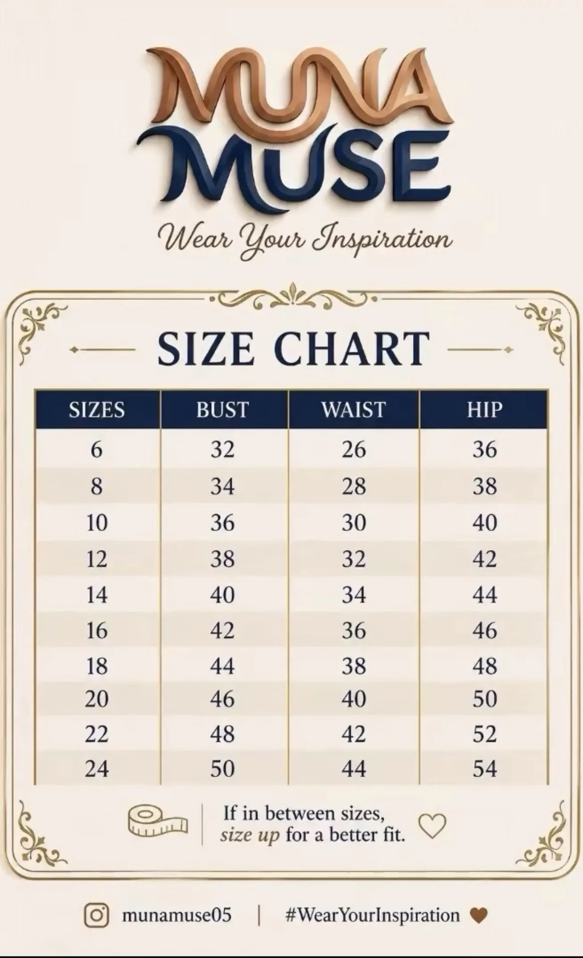 Muna Muse size chart, sizes 6 to 24 with bust, waist and hip measurements in inches